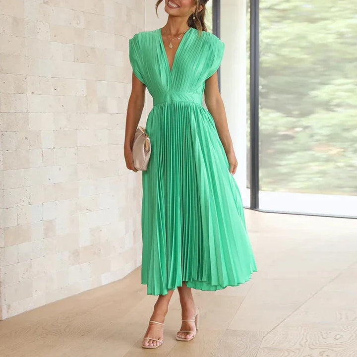 Pleated midi dress with V-neck and elegant short sleeves