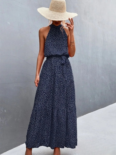 LD Best-selling jumpsuit dress with straps and halter neck with wavy polka dot print