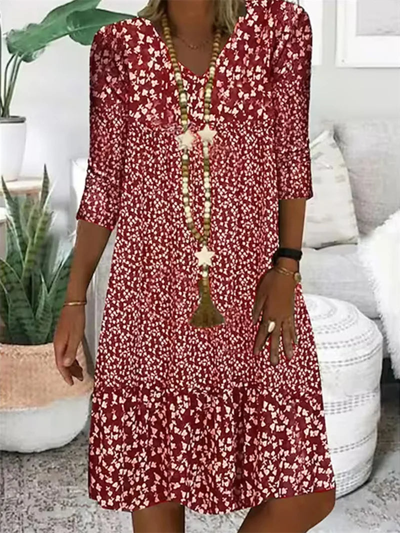 Mia | Boho Midi Dress – Casual Loose Fit with V-Neck and 3/4 Sleeves