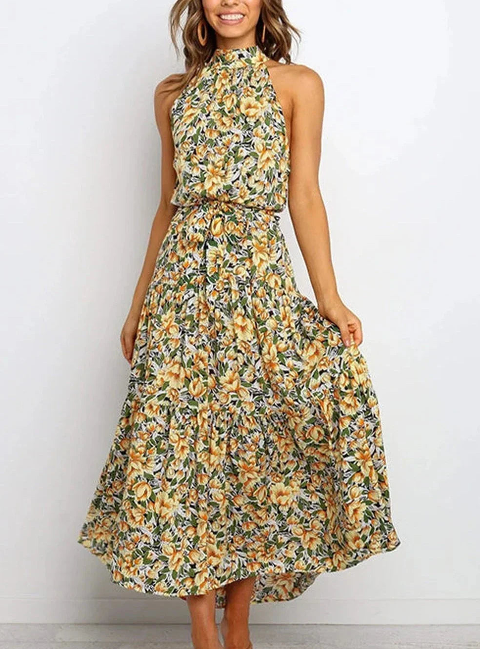 Printed long dress with bow at the waist