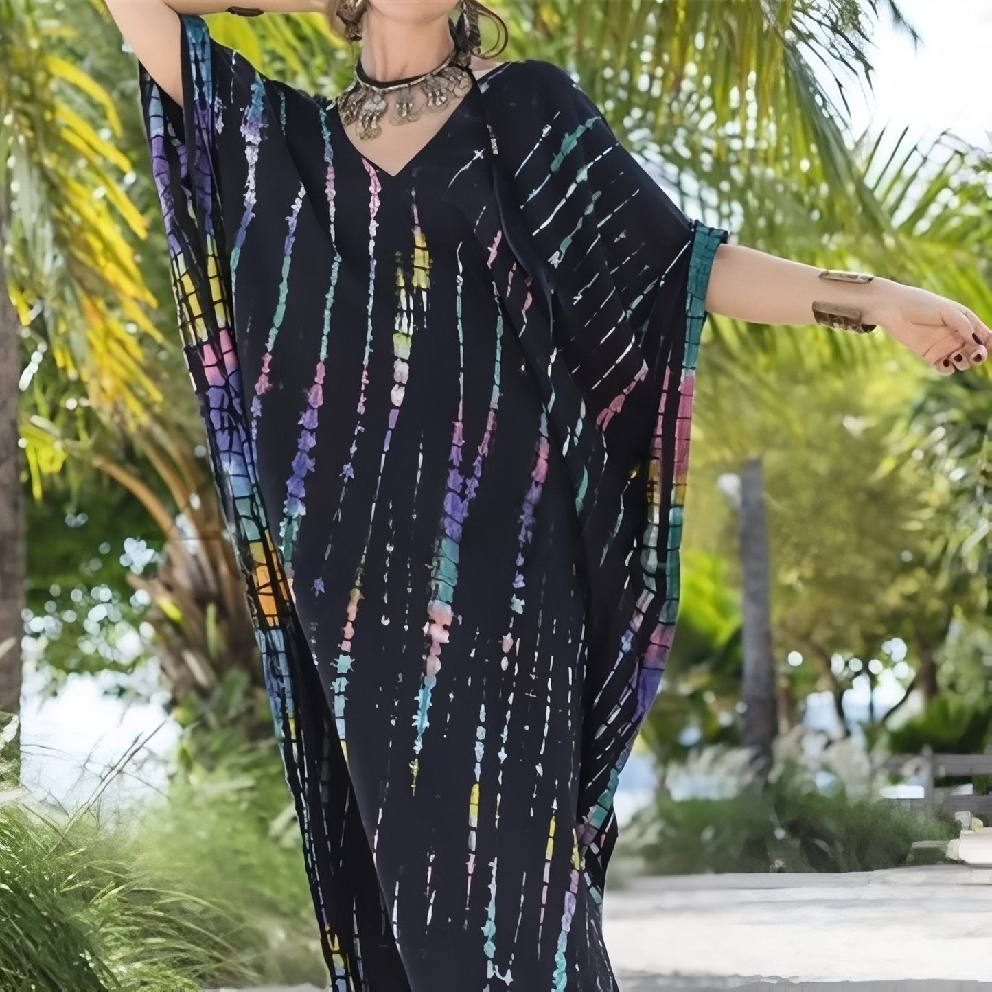 Printed long dress with wide bat sleeves