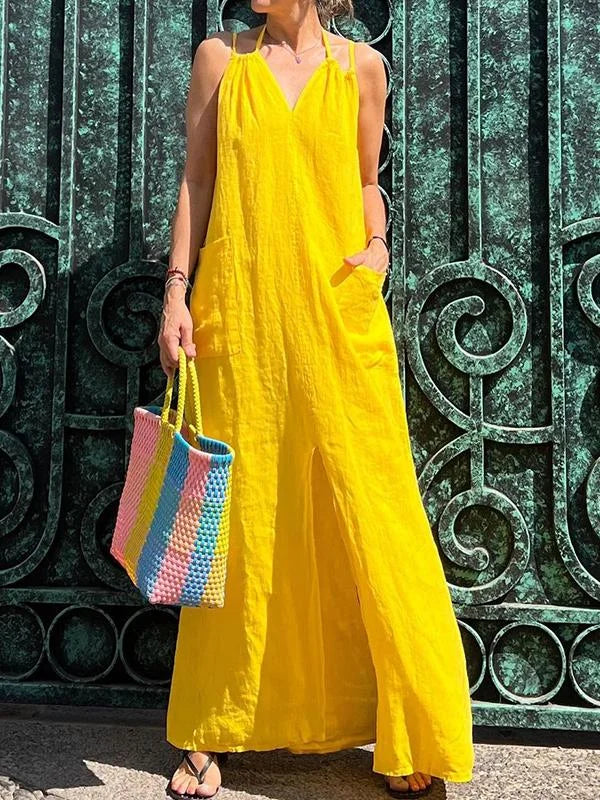 LD Long ladies dress with pocket and V-neckline