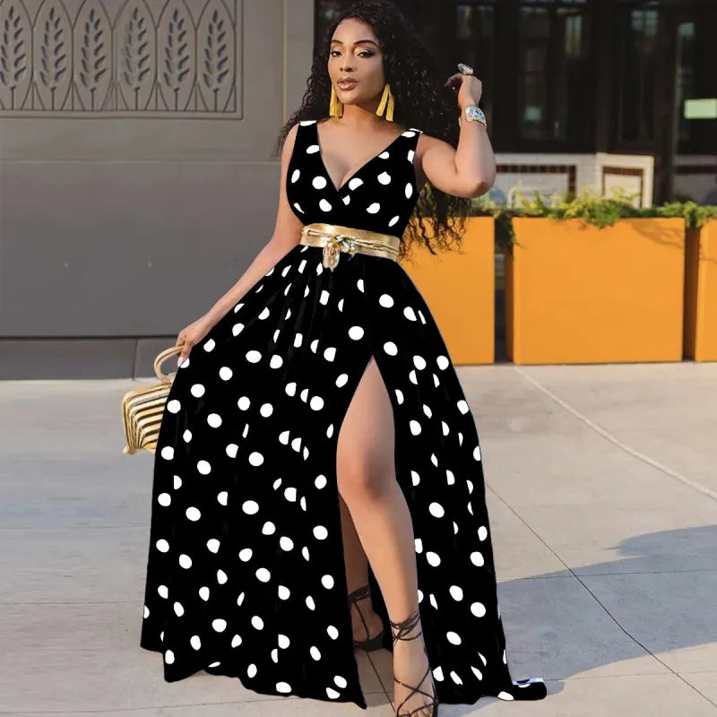 Dress with deep neckline and open back with gold dots
