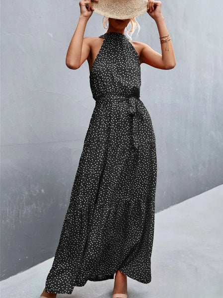 LD Best-selling jumpsuit dress with straps and halter neck with wavy polka dot print