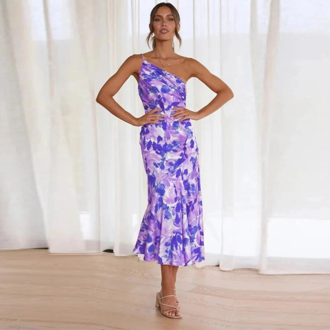 Asymmetrical long dress with floral print for special occasions