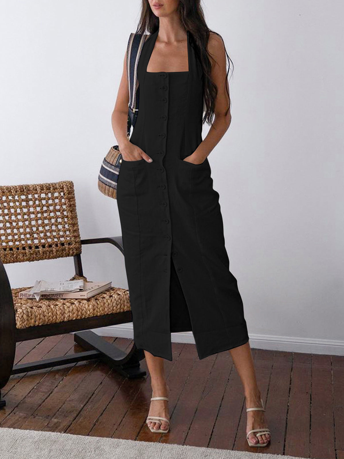 Cotton linen midi dress with buttoned halter neck and open back