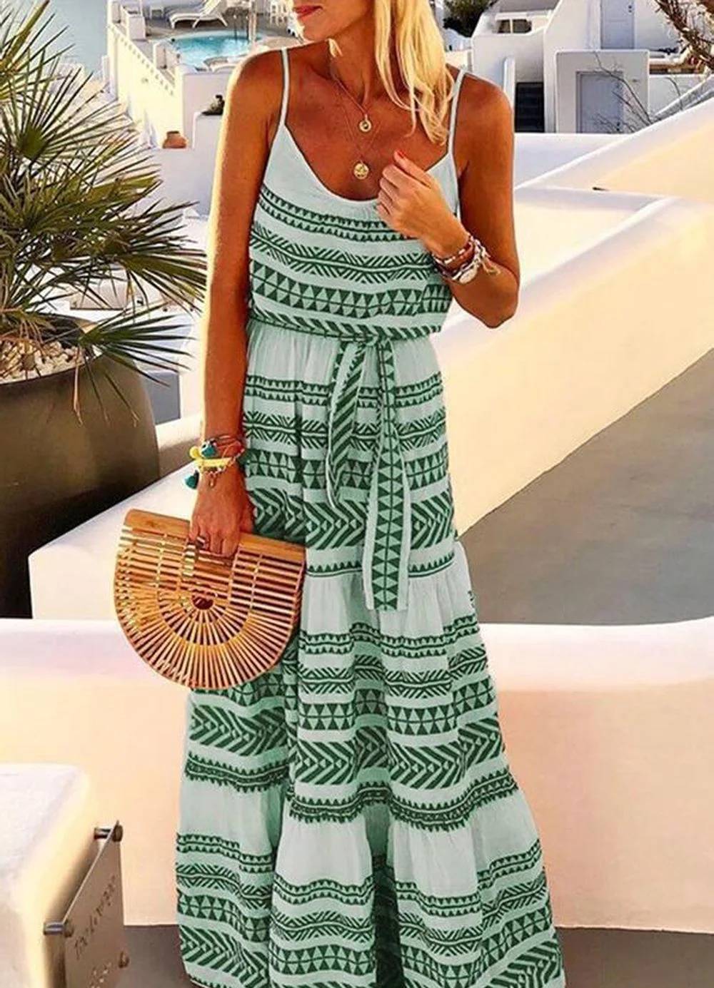 Bohemian Geometric Print Strapless Dress with V-Neck