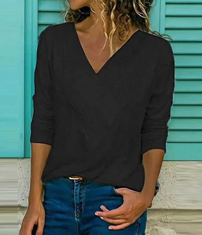 LP T-shirt-short with V-neck and long sleeves in solid color for free time