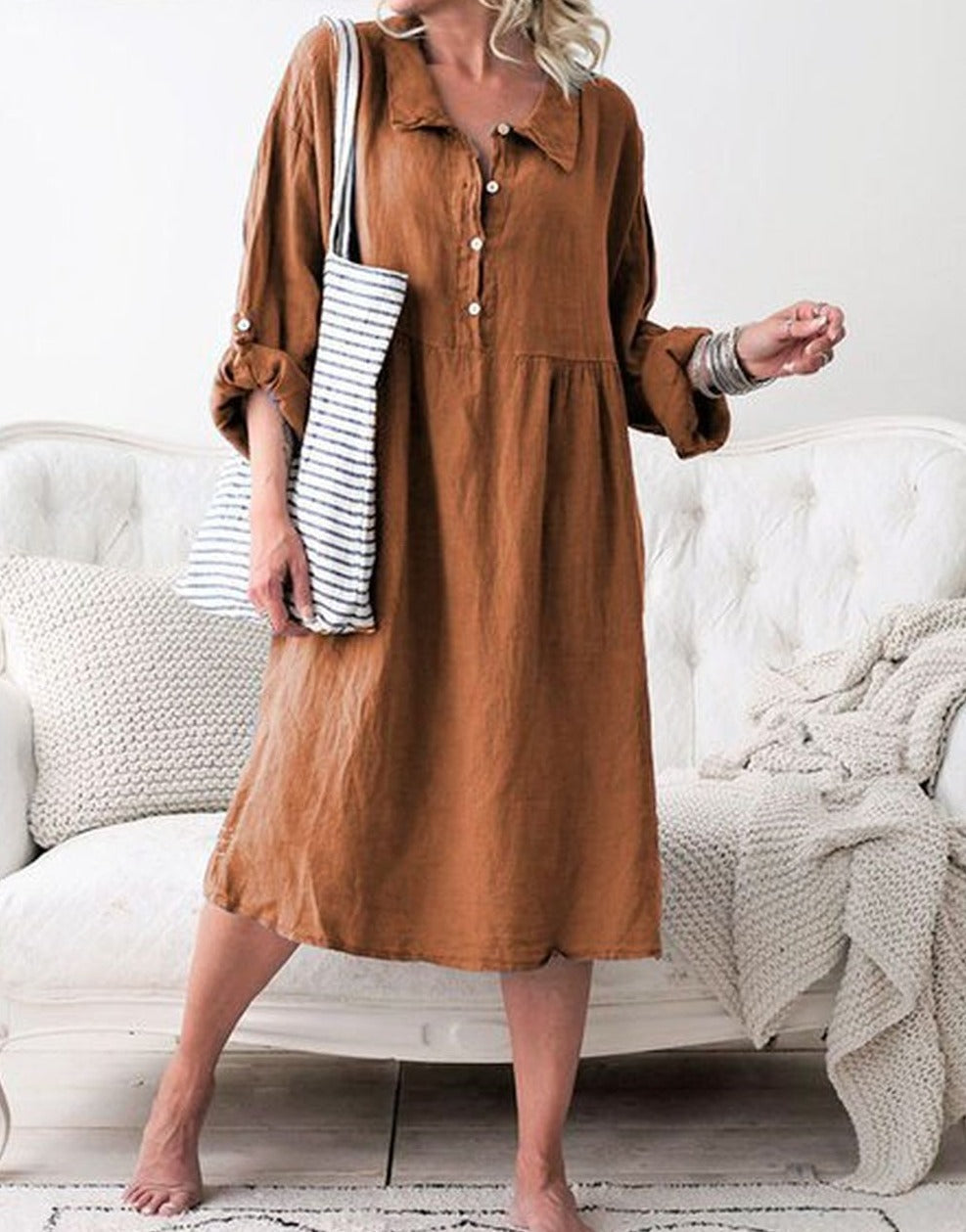 LD Basic fabric dress with buttons and shirt collar with long sleeves