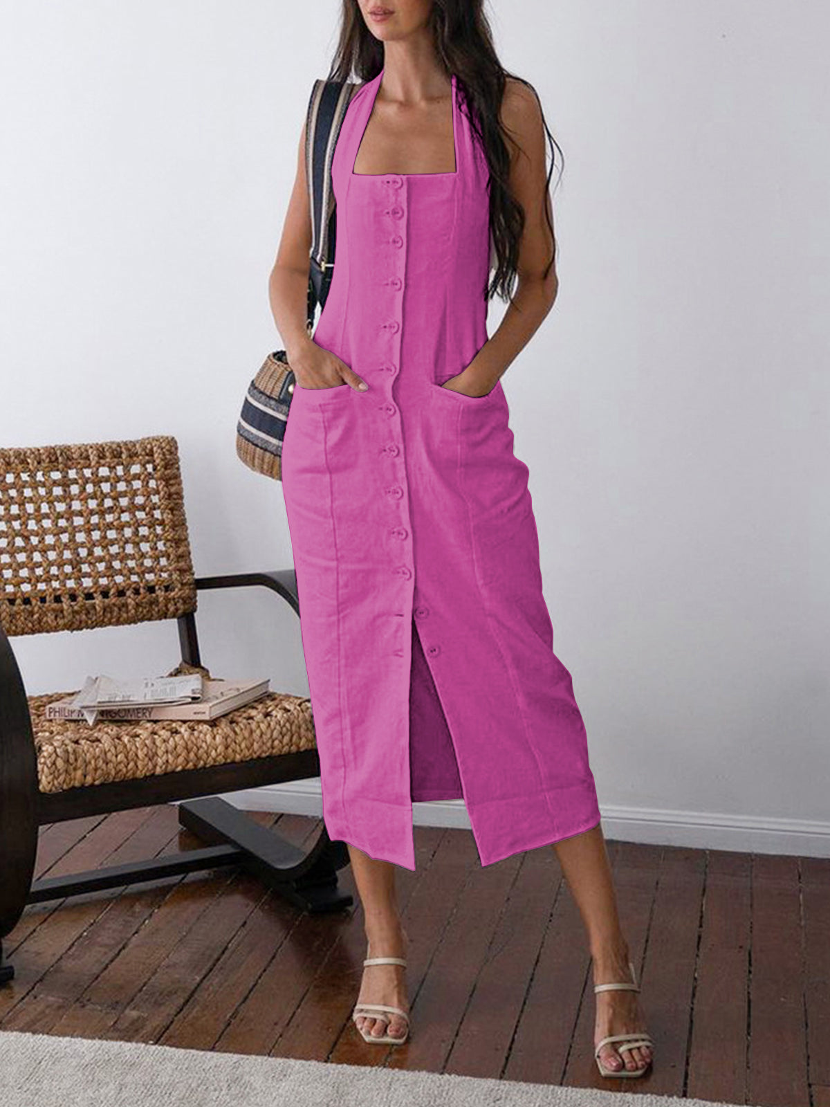 Cotton linen midi dress with buttoned halter neck and open back