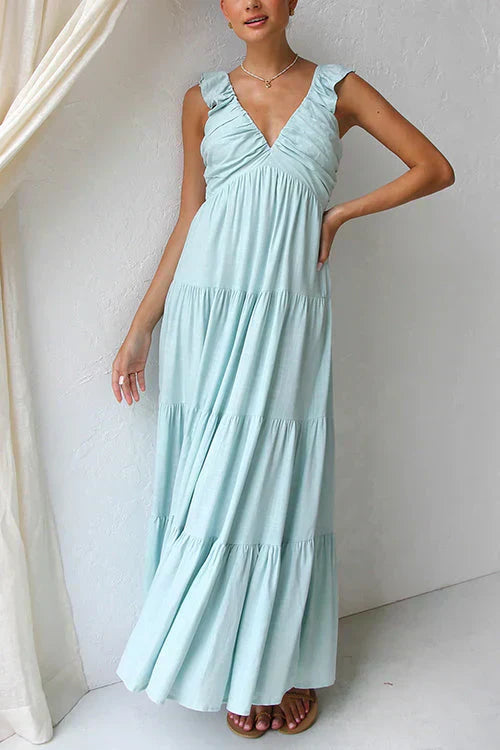 LD Sleeveless maxi dress with V-neckline and fringe