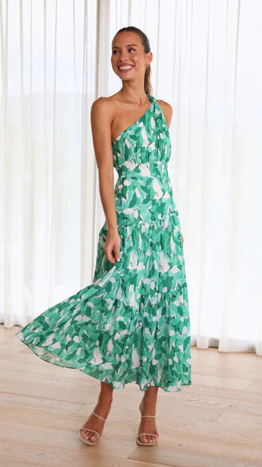 Asymmetrical long dress with floral print for special occasions