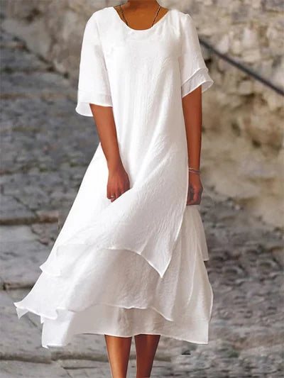Roselle - Round-neck, short-sleeved dress in double-layer cotton and linen