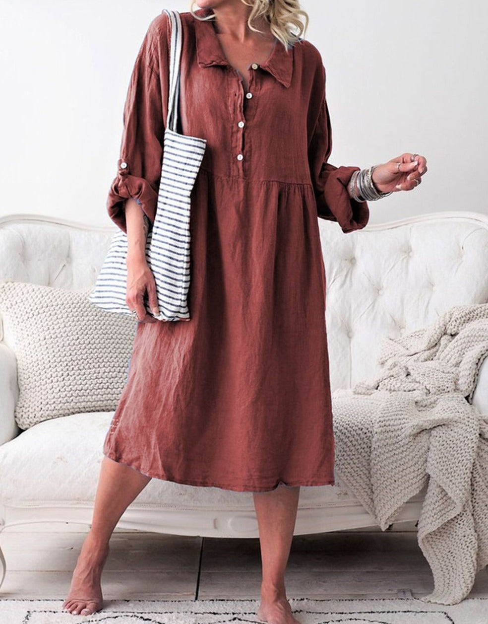 LD Basic fabric dress with buttons and shirt collar with long sleeves