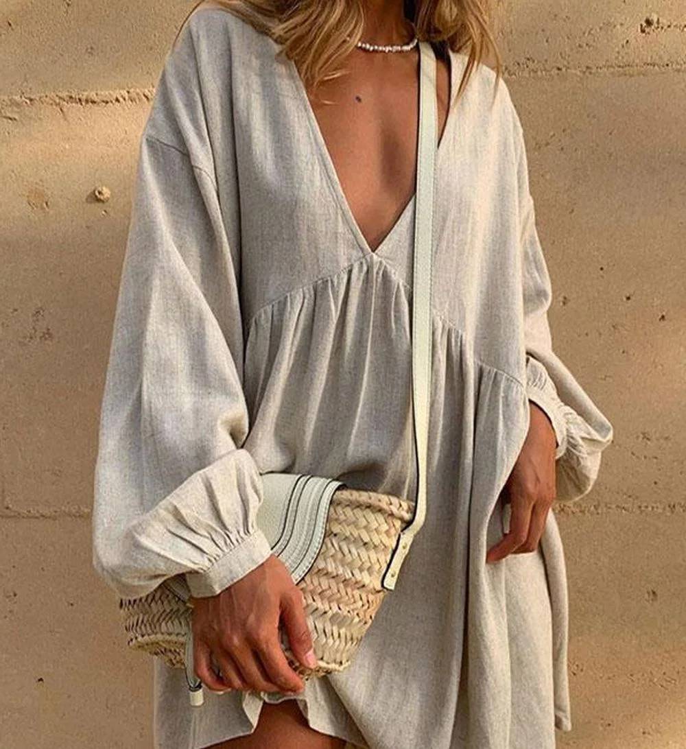 LD Casual dress with V-neck and pleated lantern sleeves