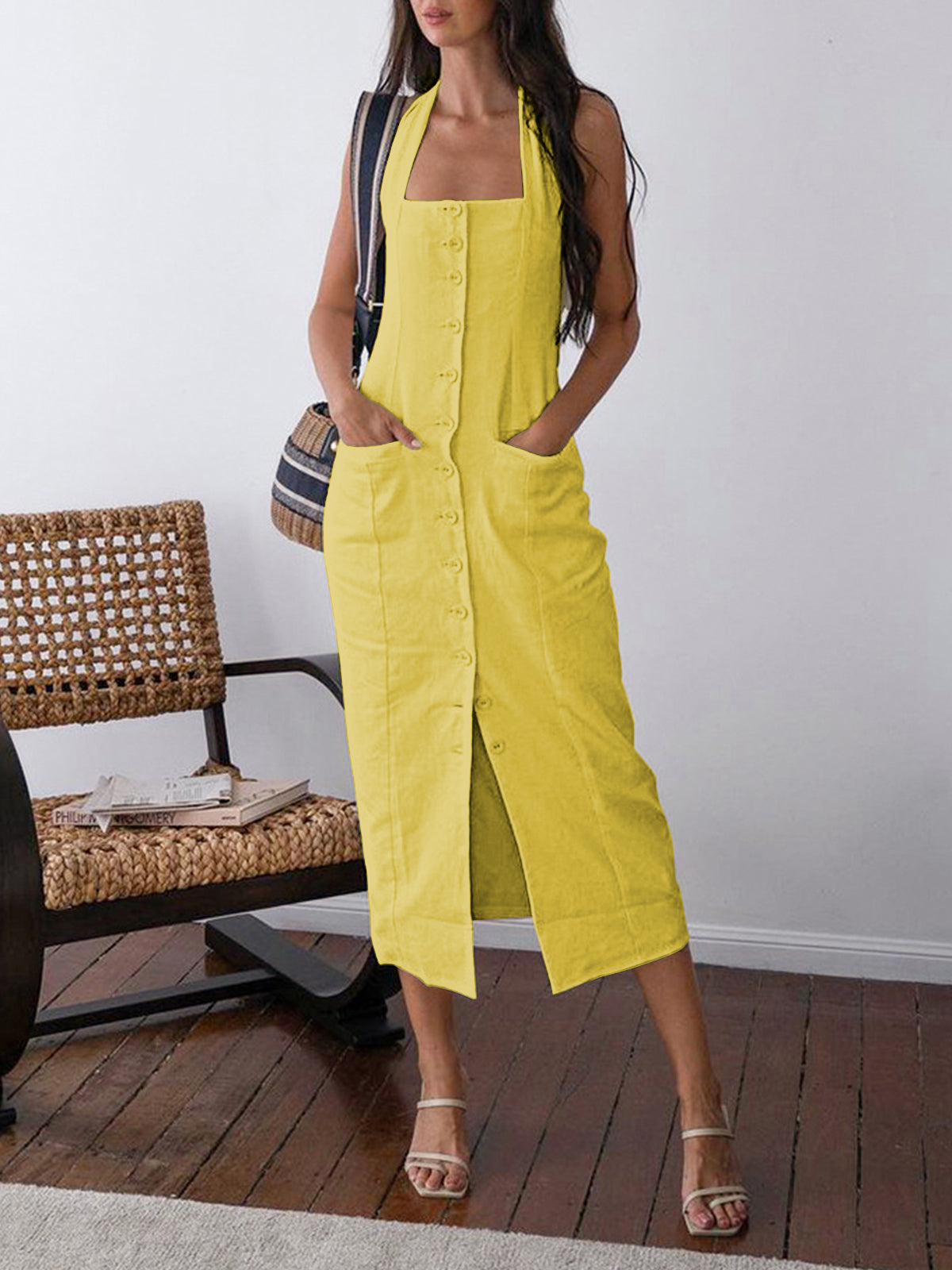 Cotton linen midi dress with buttoned halter neck and open back