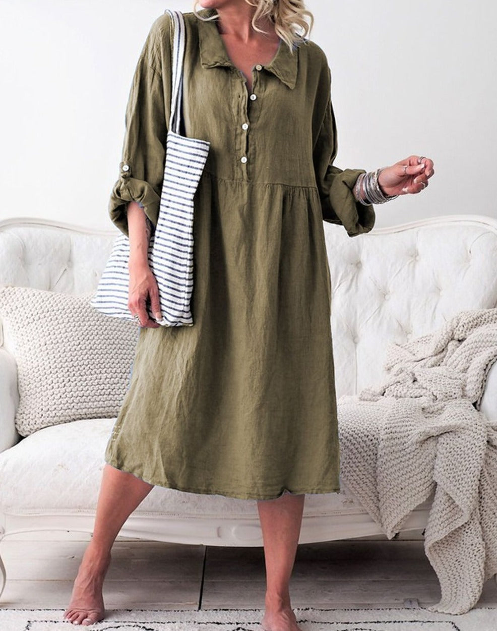 LD Basic fabric dress with buttons and shirt collar with long sleeves
