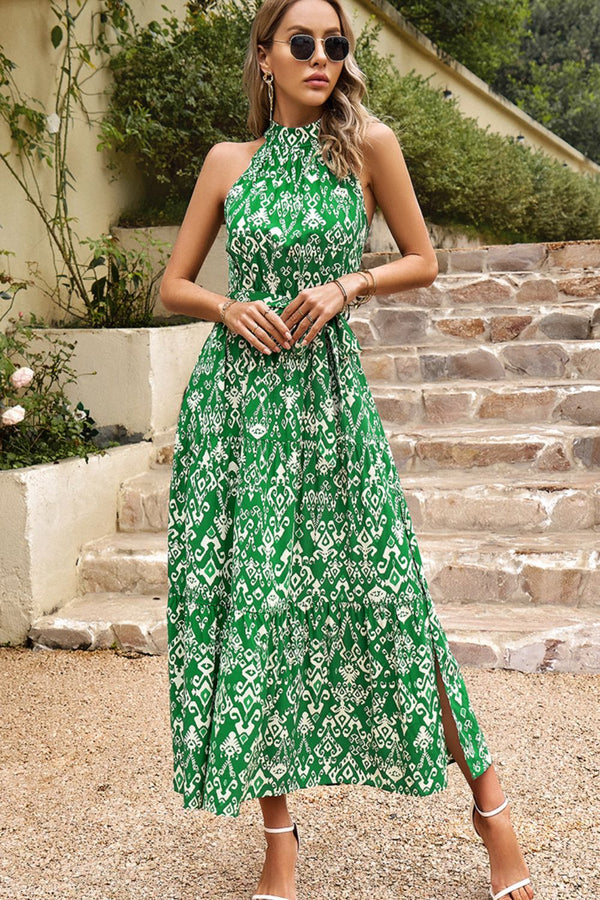 LD Sleeveless split dress with printed mock neckline