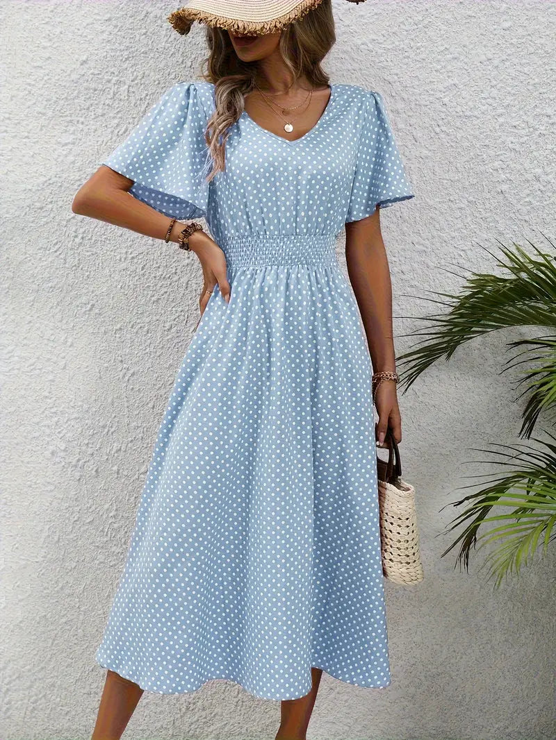 Dress with all-over print and rounded waist, casual dress with short sleeves
