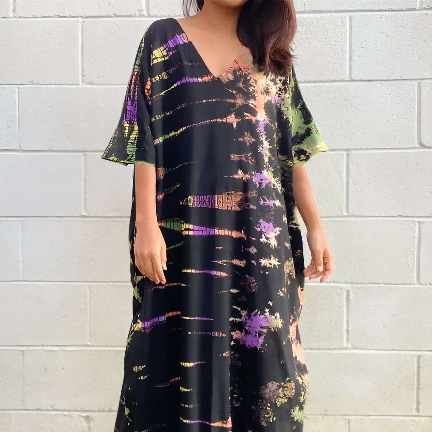 Printed long dress with wide bat sleeves