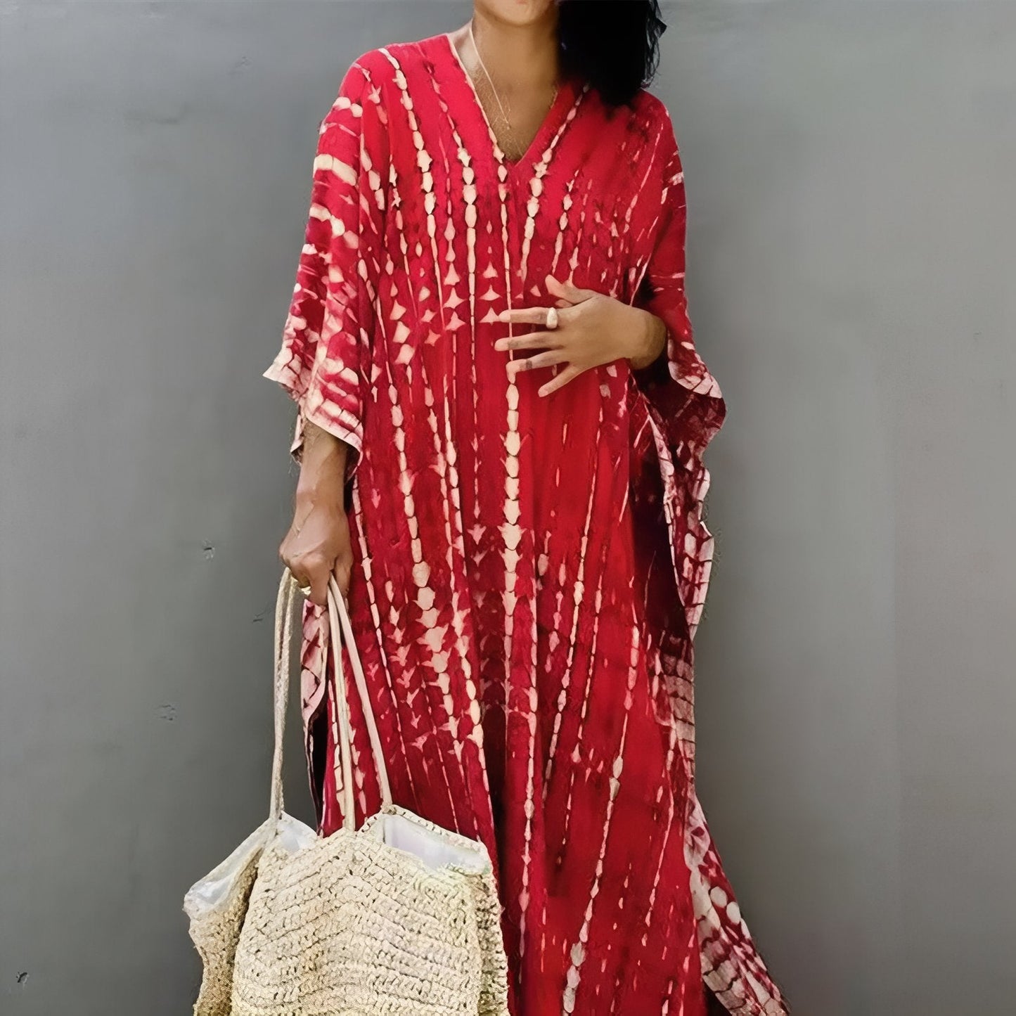 Printed long dress with wide bat sleeves
