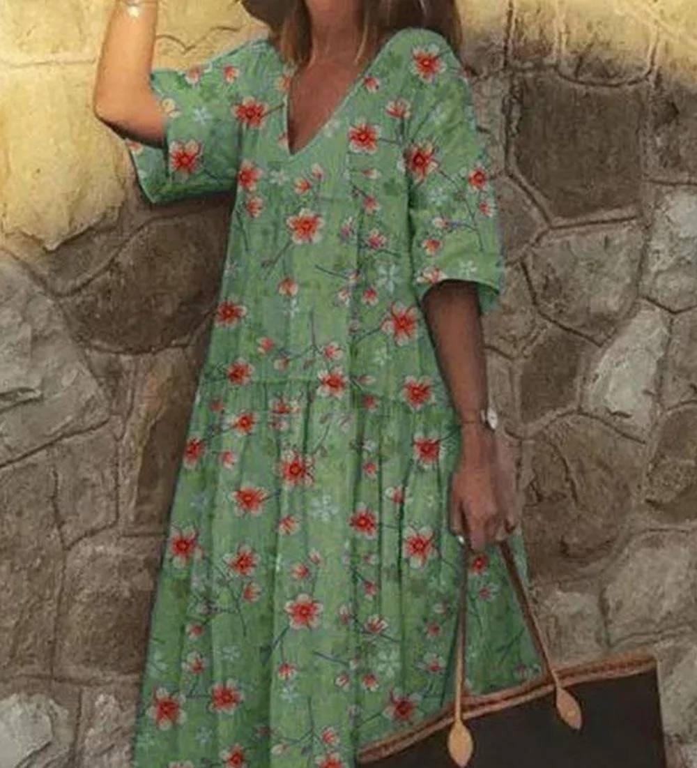 V-neck casual dress with floral print