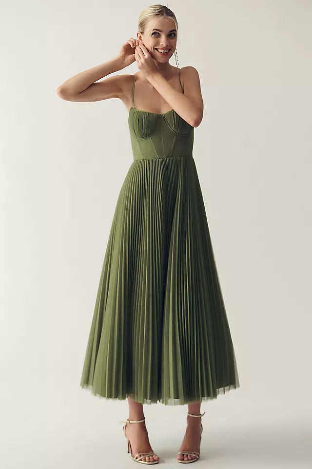 Pleated evening dress with structured corset
