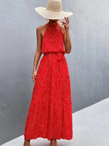LD Best-selling jumpsuit dress with straps and halter neck with wavy polka dot print