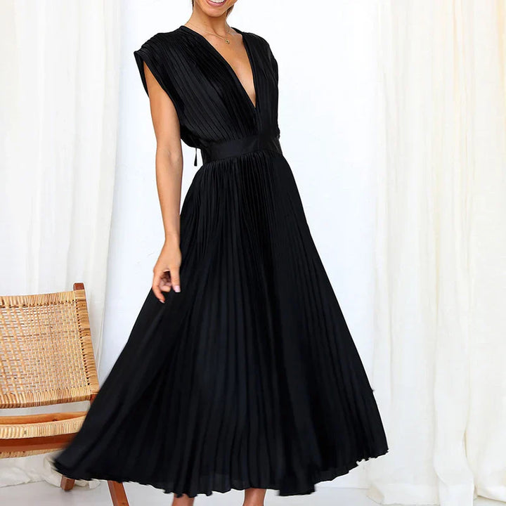 Pleated midi dress with V-neck and elegant short sleeves