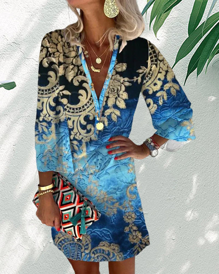 Long-sleeved dress with boho print