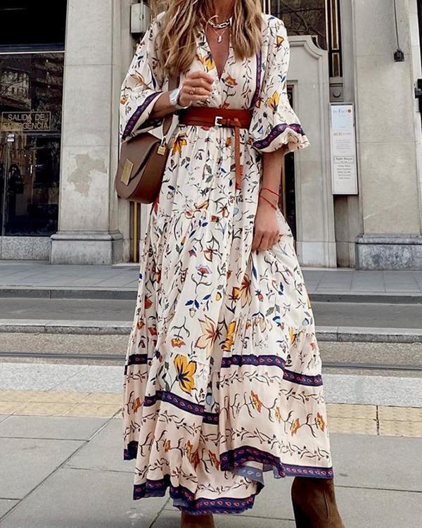 LP | Elegant boho-style long dress with floral print and plunging neckline