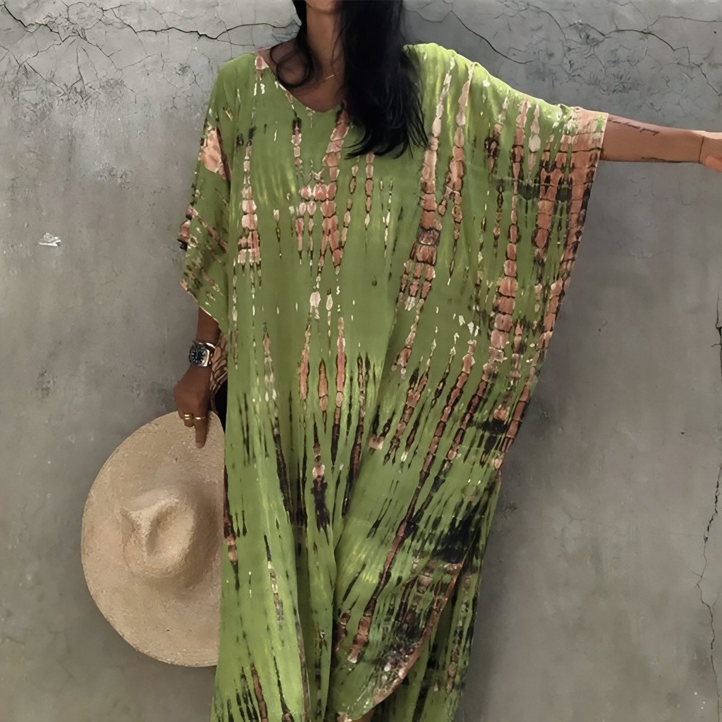 Printed long dress with wide bat sleeves