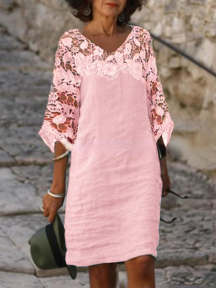 LP | Single-breasted cotton and linen collared dress with short sleeves for women