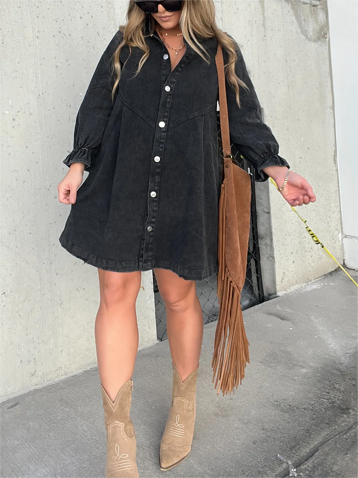 Washed denim dress with puff sleeves
