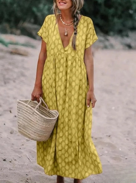 LP | Printed fabric casual dress with v-neck and long sleeves