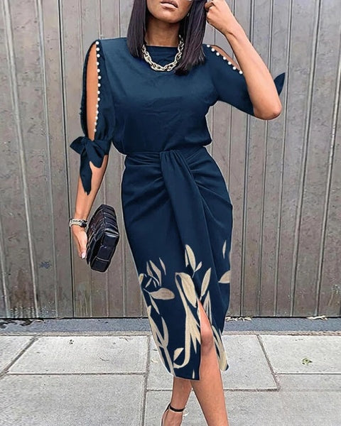 Mc | Belinda- Knotted dress with pearls and botanical print