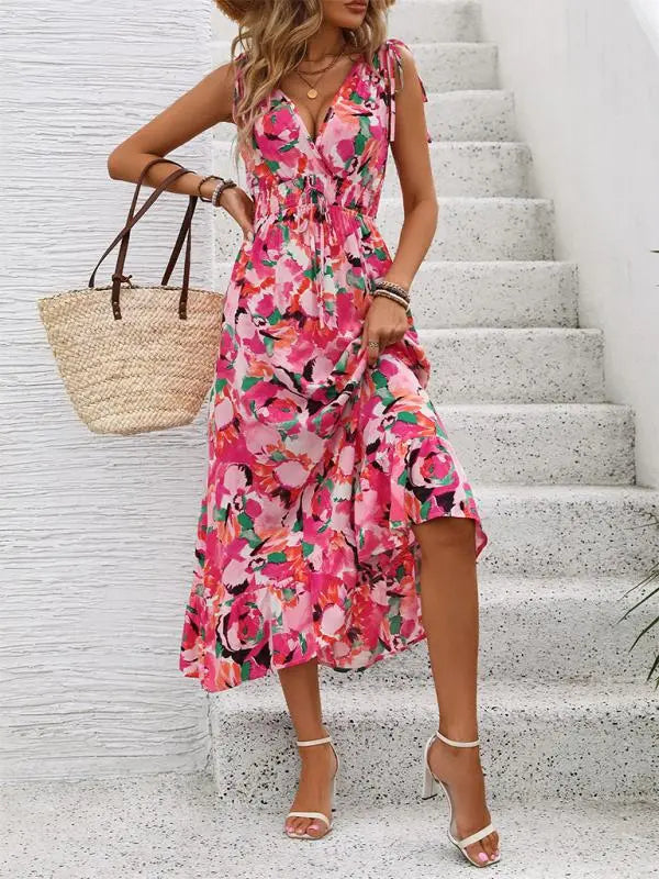 LP | Printed sleeveless dress with belt and V-neckline