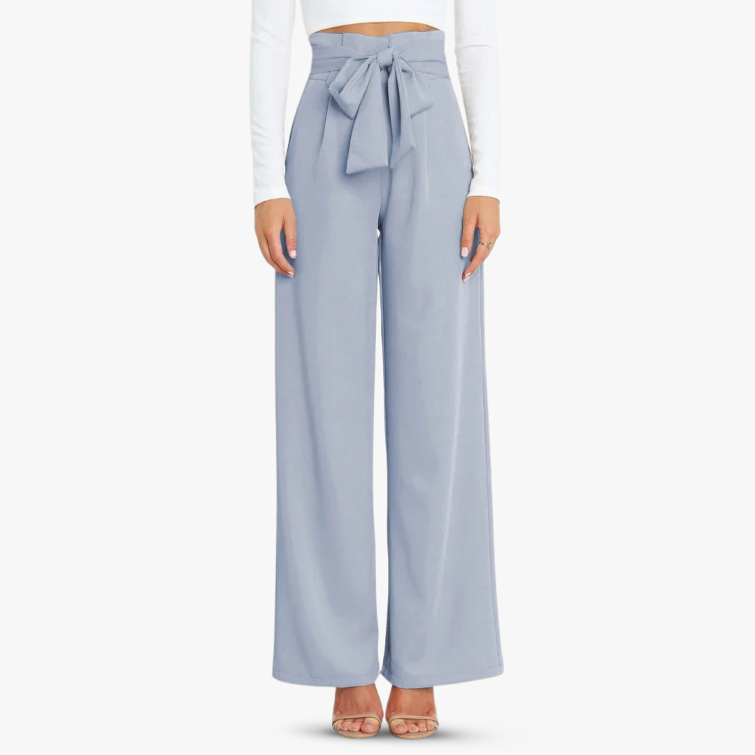Wide-leg fabric pants for ladies with tie belt