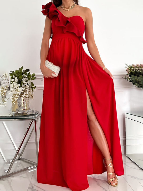 LD Long maternity dress with ruffles and asymmetrical design