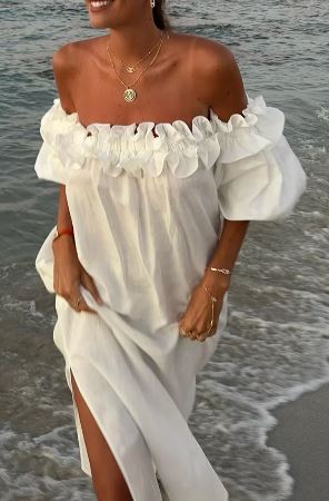 Ruby - Off-the-shoulder midi dress with ruffles, puffed sleeves and pockets