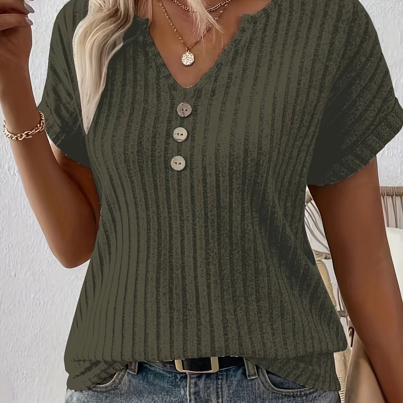 Striped casual T-shirt - V-neck with button fastening