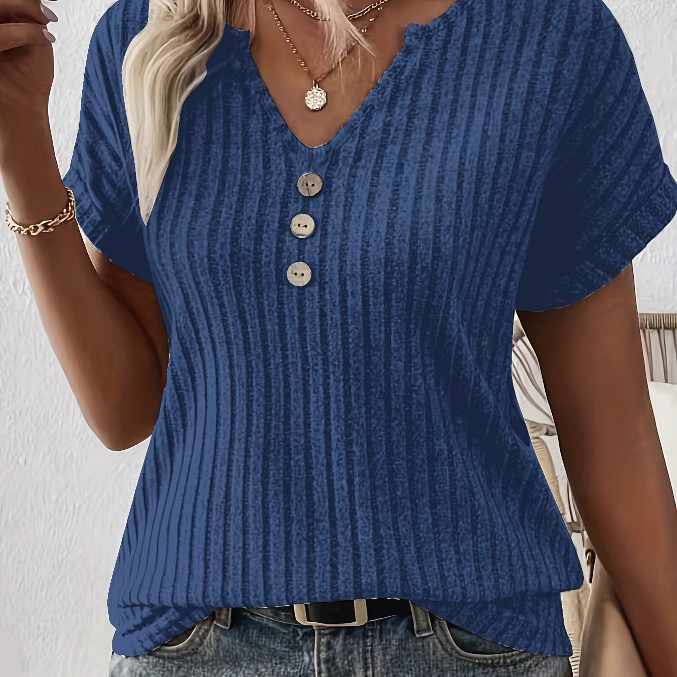Striped casual T-shirt - V-neck with button fastening