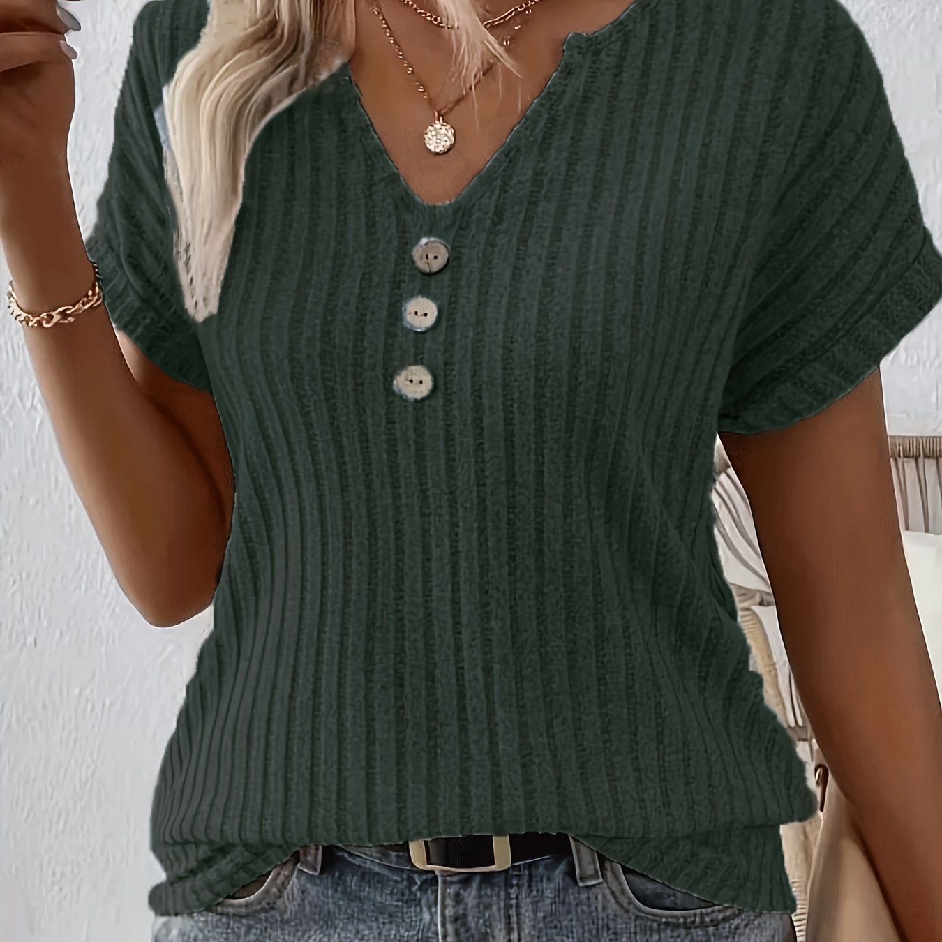 Striped casual T-shirt - V-neck with button fastening