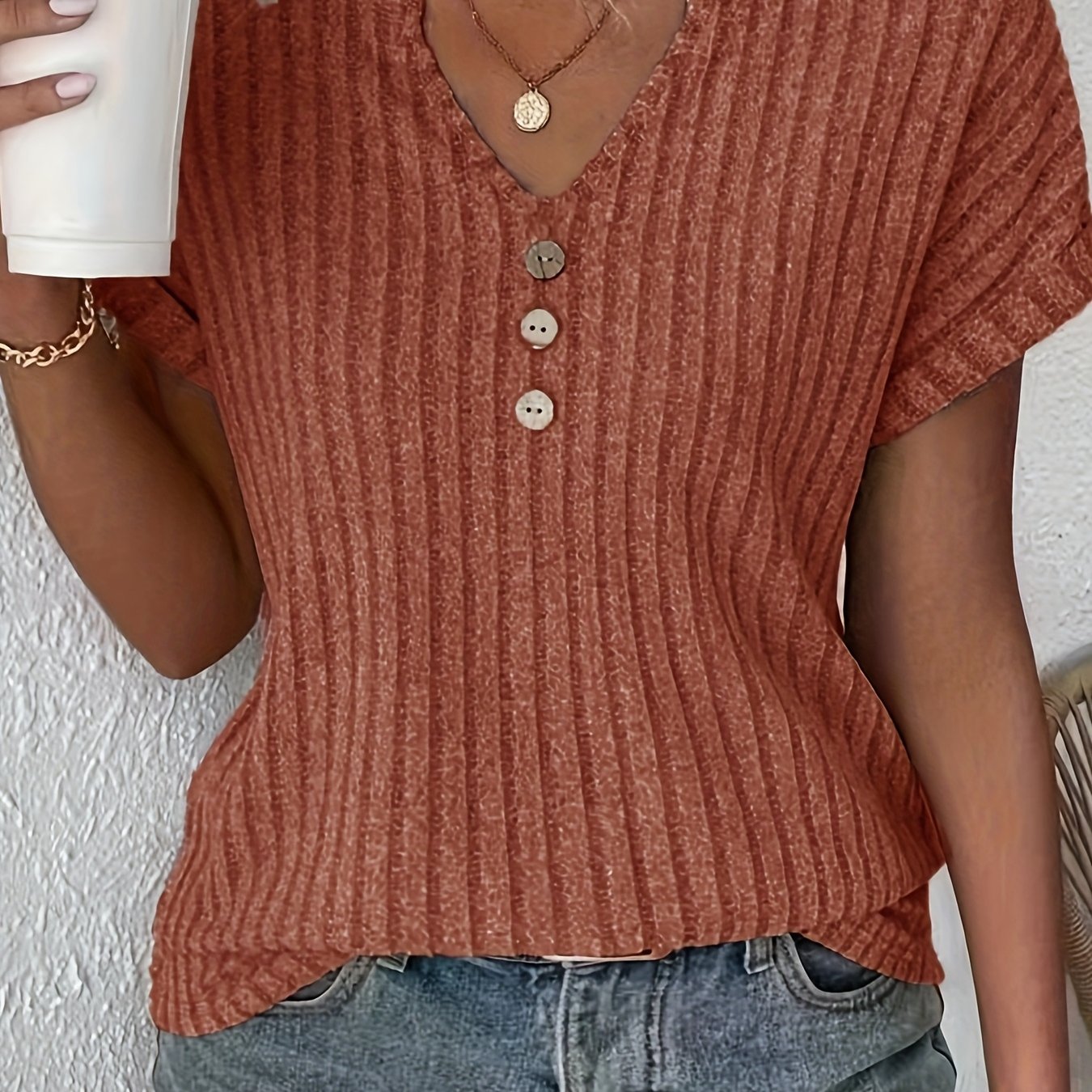 Striped casual T-shirt - V-neck with button fastening