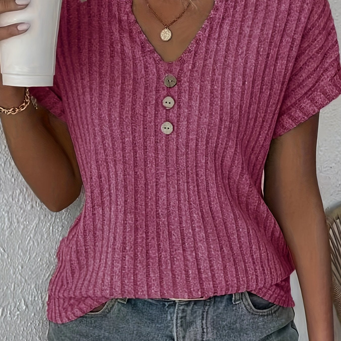 Striped casual T-shirt - V-neck with button fastening