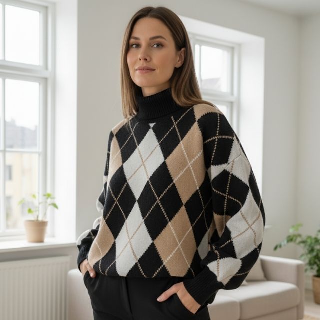 Catherine | Women's Elegant Sweater with Geometric Pattern and High Neck