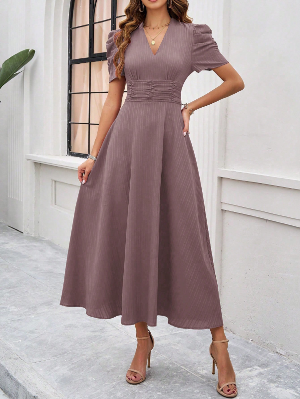 LD Midi cocktail dress with gathered waist, flared sleeves and puff sleeves