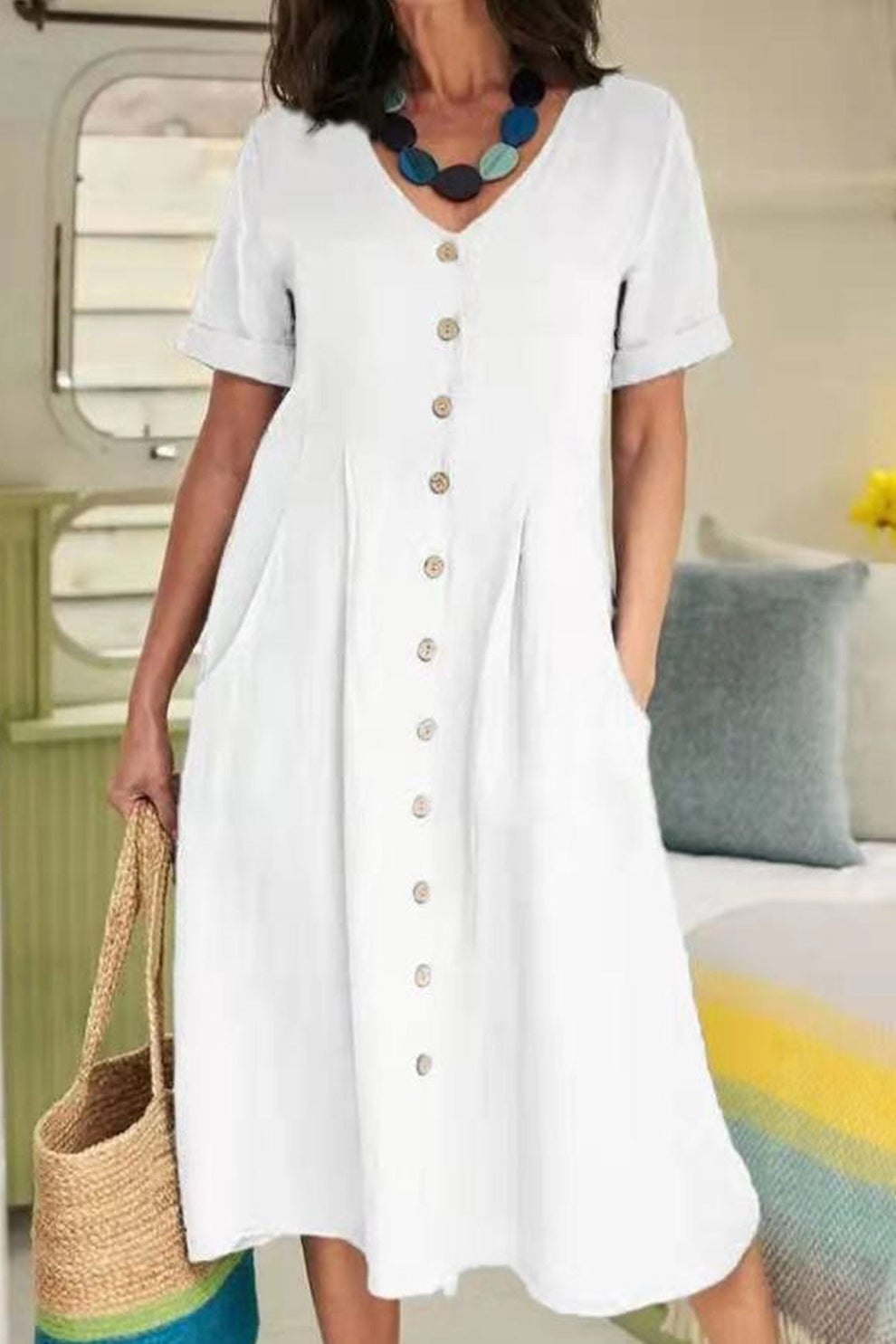 Lightweight midi dress with short sleeves and button-up shirt style
