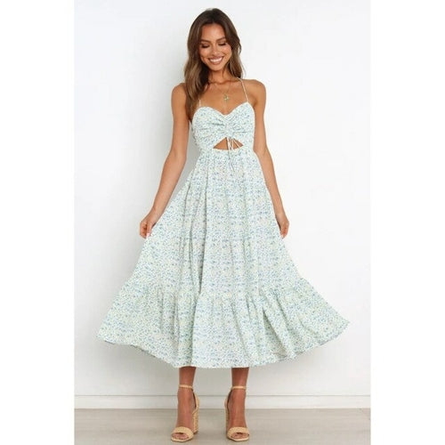 Long dress with floral print and thin straps for a fresh look