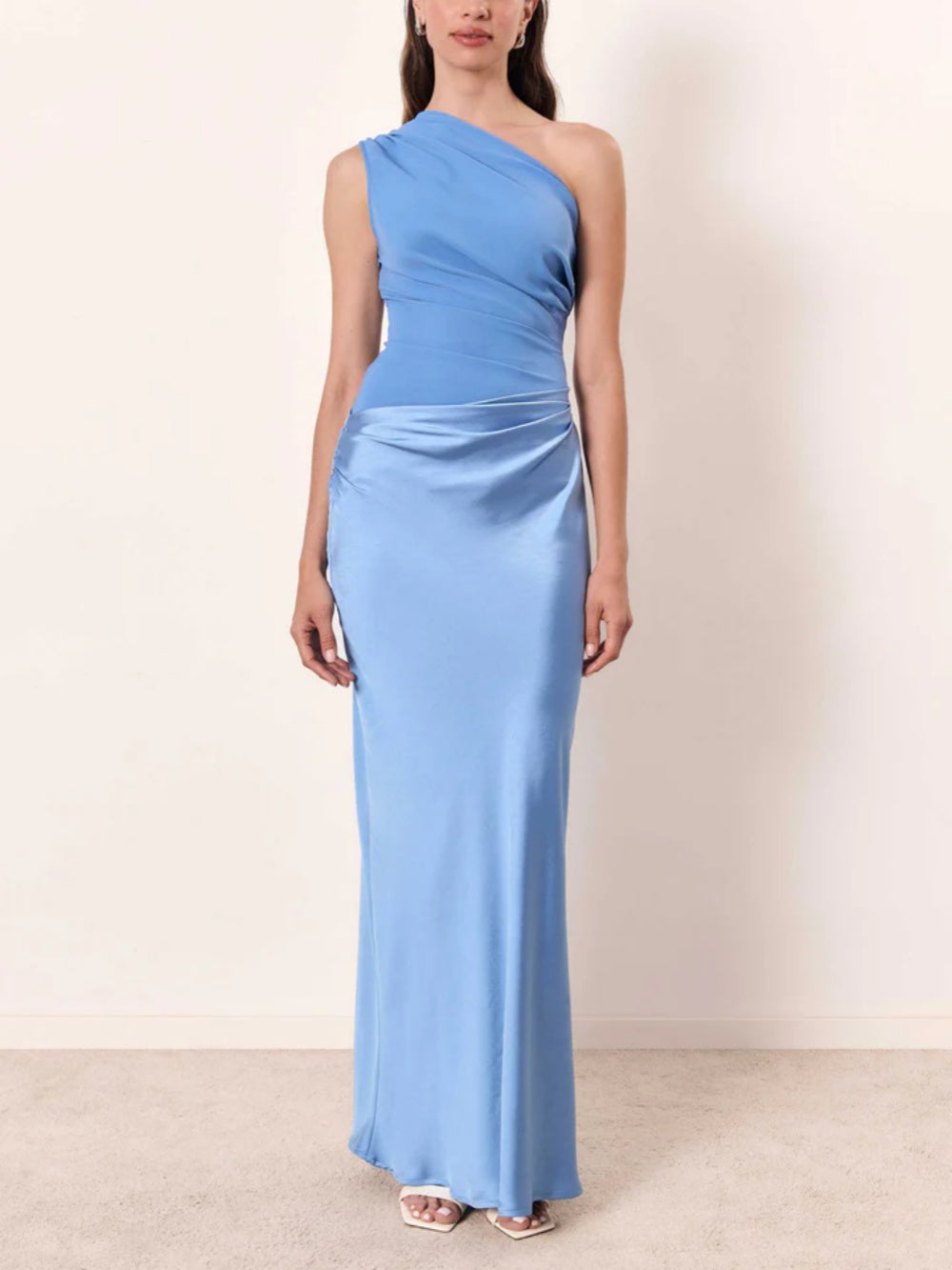 LD Long party dress with pleats and asymmetrical neckline